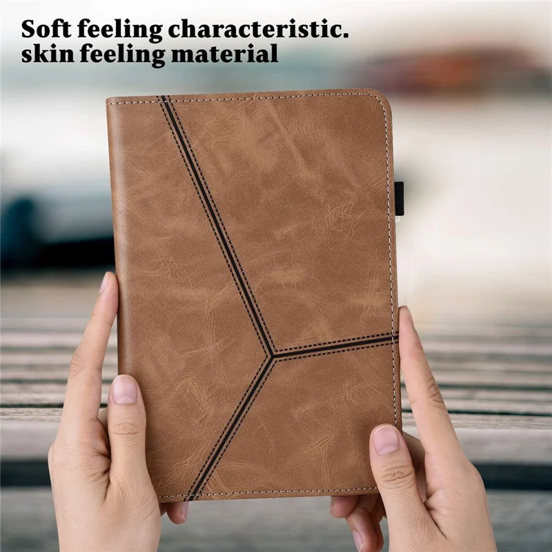 For iPad (2025) / 10.9 (2022) Tablet Case Line Imprinted PU Leather Card Holder Cover with Elastic Band - Brown