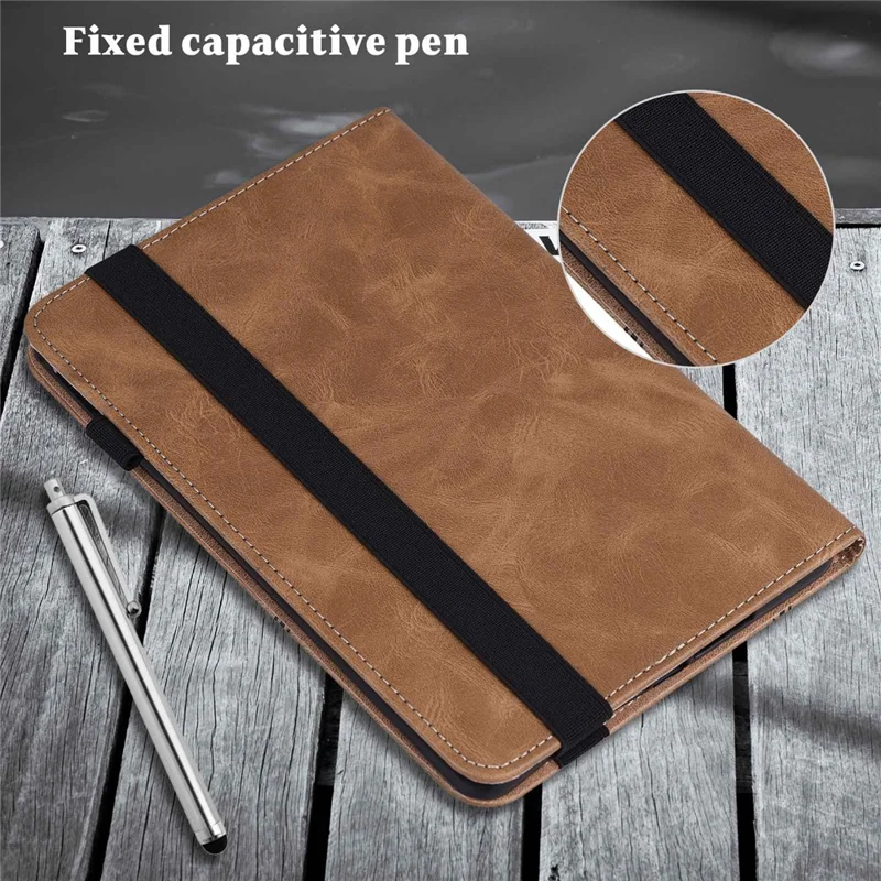 For iPad (2025) / 10.9 (2022) Tablet Case Line Imprinted PU Leather Card Holder Cover with Elastic Band - Brown