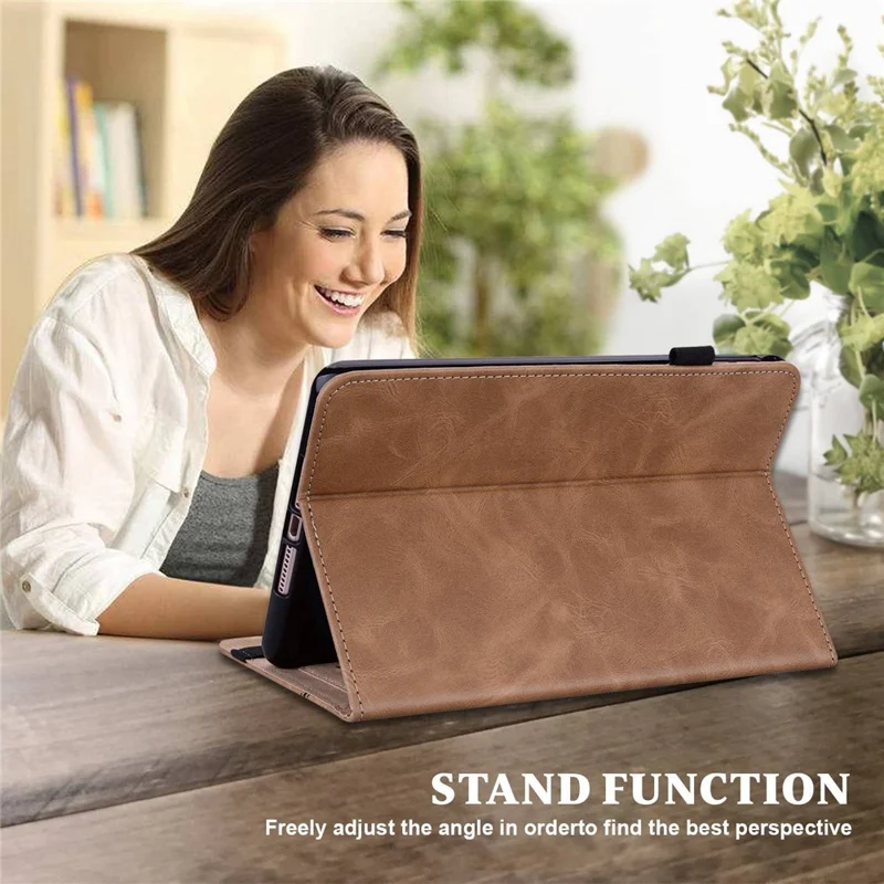 For iPad (2025) / 10.9 (2022) Tablet Case Line Imprinted PU Leather Card Holder Cover with Elastic Band - Brown