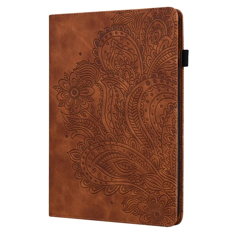 Flower Imprinting Tablet Cover for iPad (2025) / 10.9 (2022) PU Leather Card Holder Drop-Proof Case - Brown