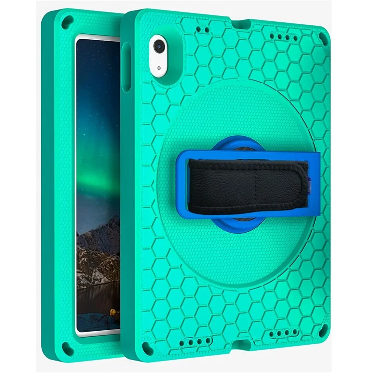 Чехол для iPad 10.9 (2022) из EVA+PC, ударопрочный, с ручным ремнем, вращающейся подставкой, текстурой в виде сотот и съемным плечевым ремнем - зеленый / синий