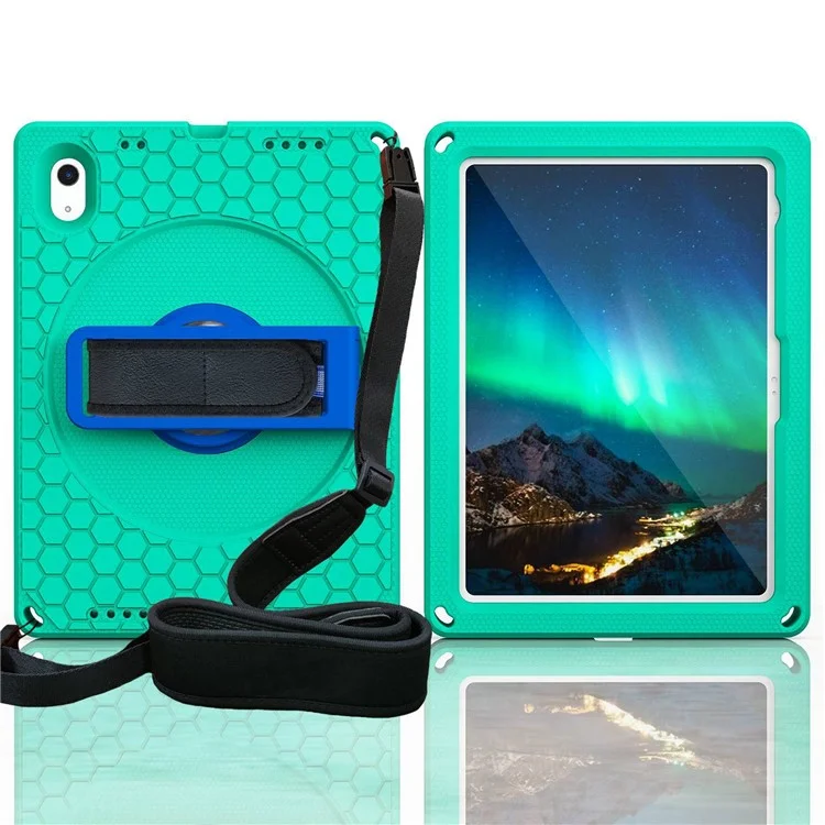 Чехол для iPad 10.9 (2022) из EVA+PC, ударопрочный, с ручным ремнем, вращающейся подставкой, текстурой в виде сотот и съемным плечевым ремнем - зеленый / синий