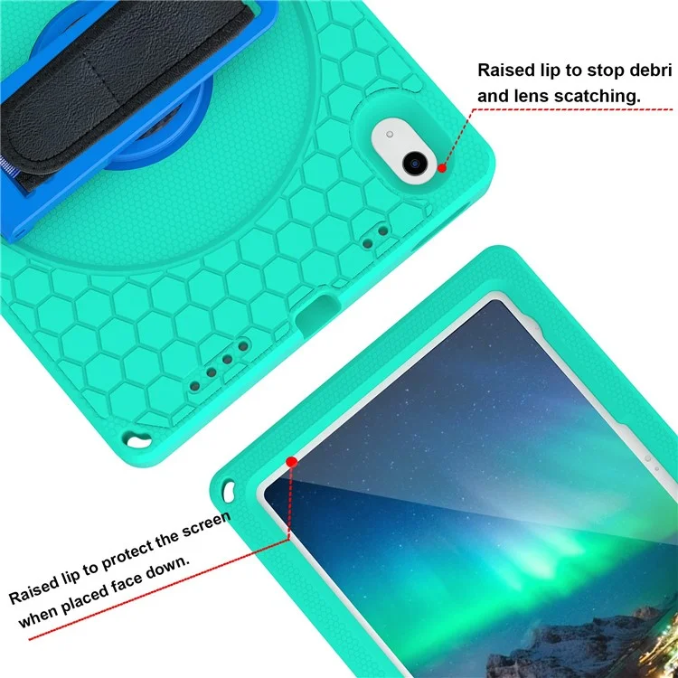 Чехол для iPad 10.9 (2022) из EVA+PC, ударопрочный, с ручным ремнем, вращающейся подставкой, текстурой в виде сотот и съемным плечевым ремнем - зеленый / синий