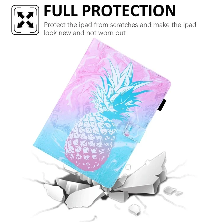 For iPad (2025) / 10.9 (2022) PU Leather Tablet Case Pattern Printing Stand Cover with Card Holder - Blue Pink Pineapple