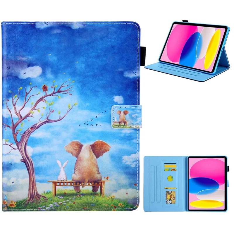 For iPad (2025) / 10.9 (2022) PU Leather Tablet Case Pattern Printing Stand Cover with Card Holder - Elephant / Rabbit