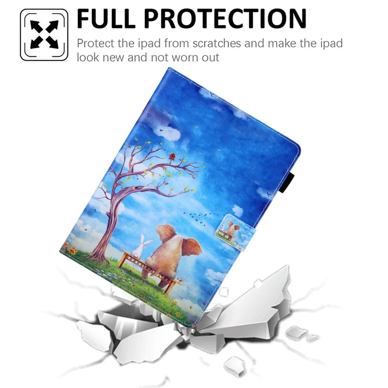 For iPad (2025) / 10.9 (2022) PU Leather Tablet Case Pattern Printing Stand Cover with Card Holder - Elephant / Rabbit