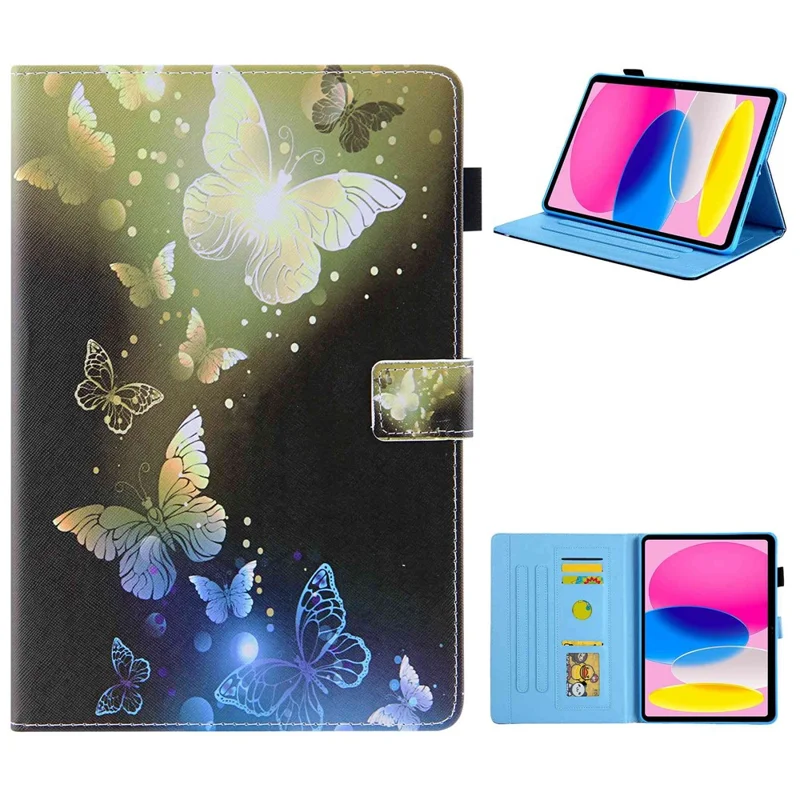 For iPad (2025) / 10.9 (2022) PU Leather Tablet Case Pattern Printing Stand Cover with Card Holder - Gold Butterfly