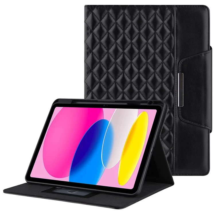 For iPad (2025) / 10.9 (2022) Full Protection Tablet Cover Stand Big Metal Buckle Rhombus Texture Leather Drop-Proof Tablet Case - Black