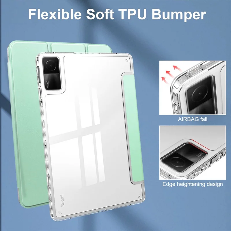 For Xiaomi Redmi Pad Trifold Stand PU Leather Tablet Case Anti-drop Transparent TPU Back Cover - Mint Green