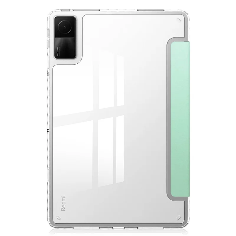 For Xiaomi Redmi Pad Trifold Stand PU Leather Tablet Case Anti-drop Transparent TPU Back Cover - Mint Green
