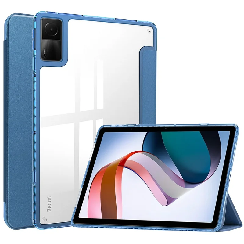 For Xiaomi Redmi Pad Trifold Stand PU Leather Tablet Case Anti-drop Transparent TPU Back Cover - Blue