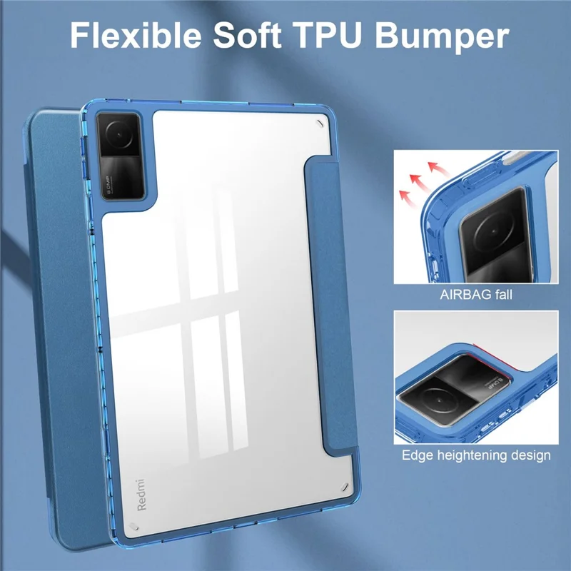 For Xiaomi Redmi Pad Trifold Stand PU Leather Tablet Case Anti-drop Transparent TPU Back Cover - Blue