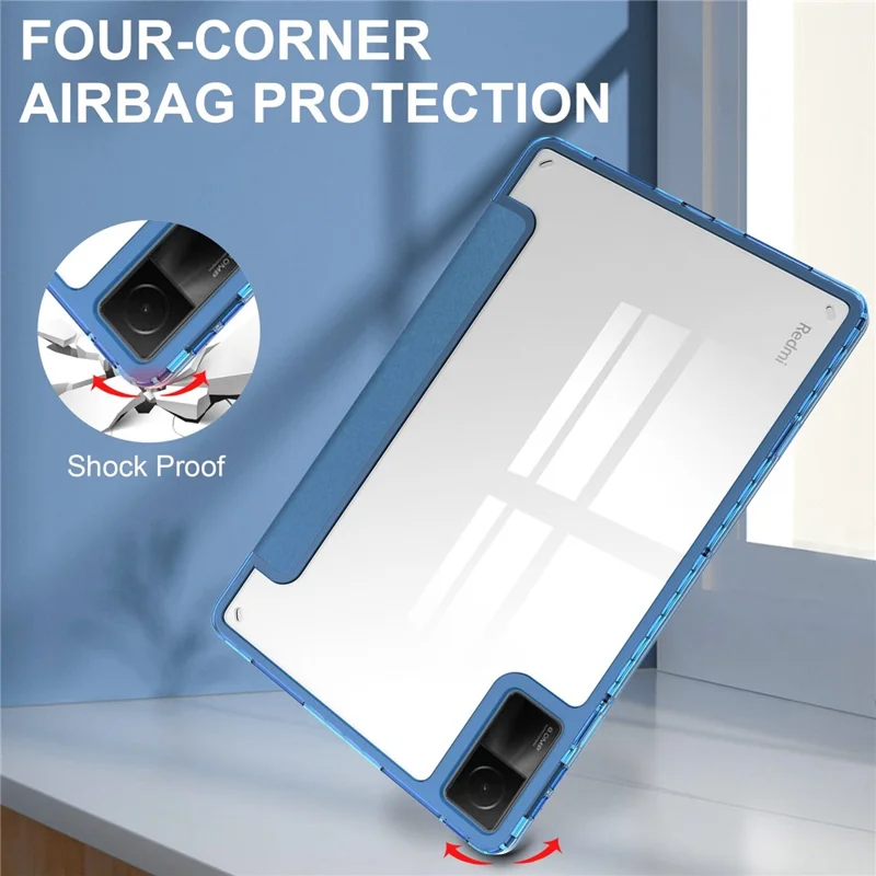 For Xiaomi Redmi Pad Trifold Stand PU Leather Tablet Case Anti-drop Transparent TPU Back Cover - Blue