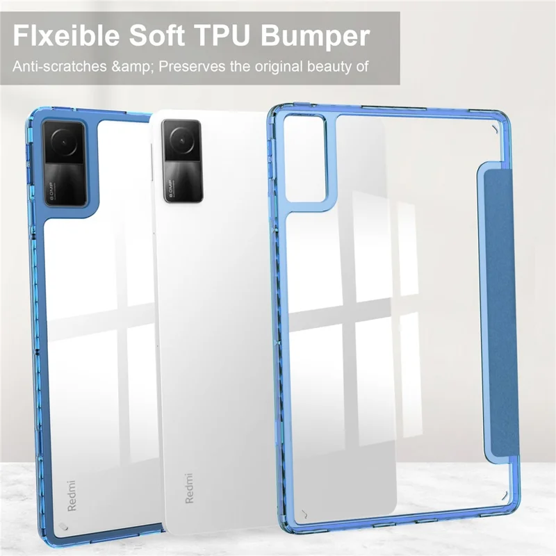 For Xiaomi Redmi Pad Trifold Stand PU Leather Tablet Case Anti-drop Transparent TPU Back Cover - Blue