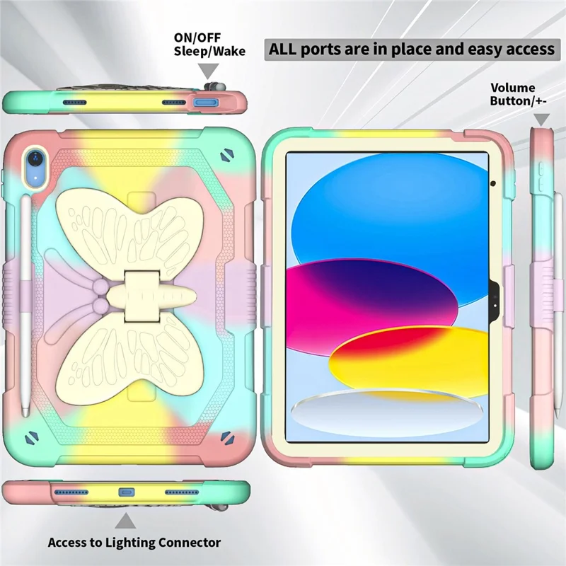 For iPad (2025) / 10.9 (2022) Silicone + PC Tablet Case Butterfly Shape Kickstand Anti-Drop Protective Cover with Shoulder Strap - Colorful Rose Gold