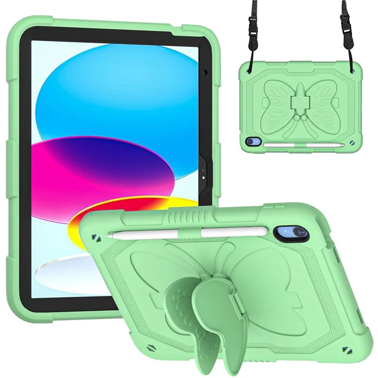 Shockproof Case for iPad (2025) / 10.9 (2022) Butterfly Shape Kickstand Tablet Case with Shoulder Strap - Green