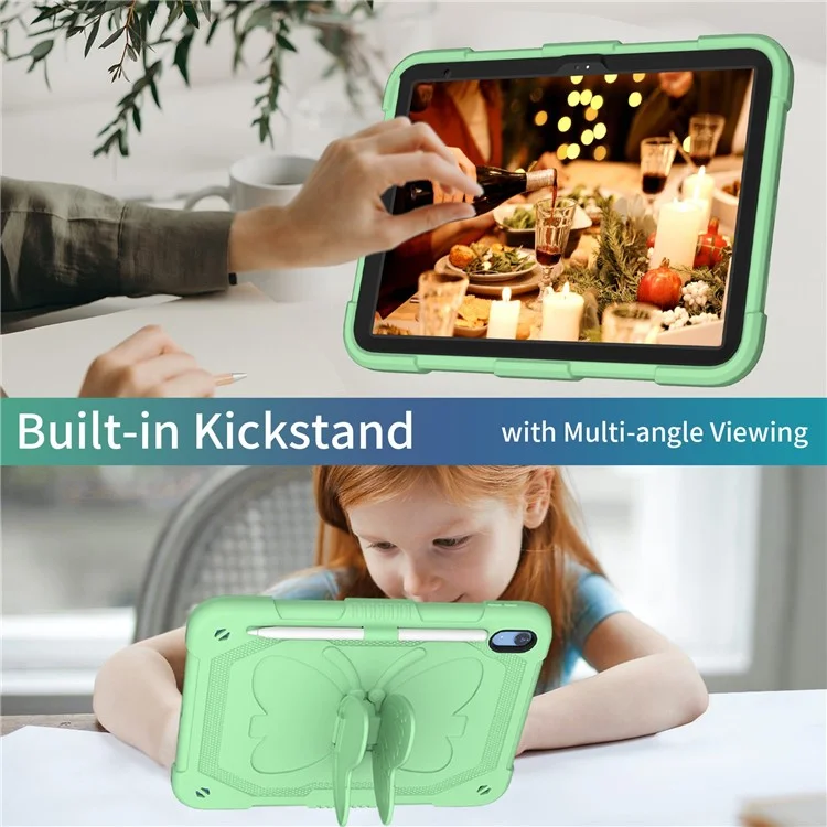 Shockproof Case for iPad (2025) / 10.9 (2022) Butterfly Shape Kickstand Tablet Case with Shoulder Strap - Green