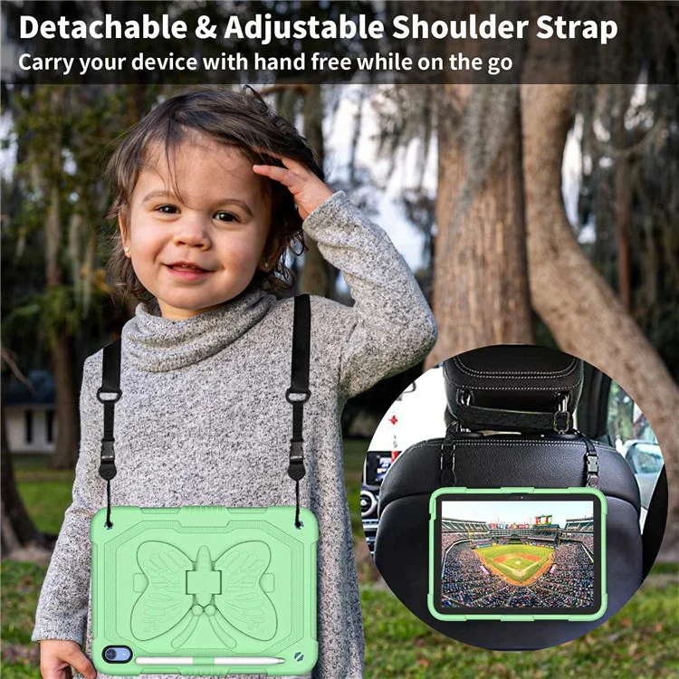 Shockproof Case for iPad (2025) / 10.9 (2022) Butterfly Shape Kickstand Tablet Case with Shoulder Strap - Green
