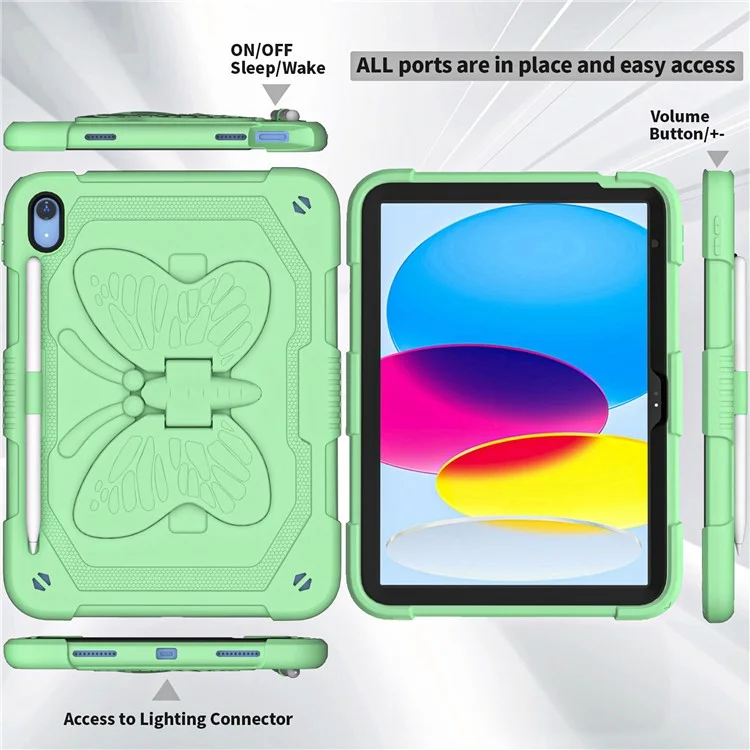 Shockproof Case for iPad (2025) / 10.9 (2022) Butterfly Shape Kickstand Tablet Case with Shoulder Strap - Green