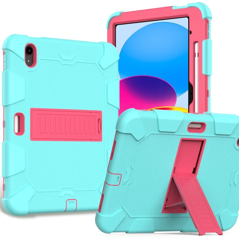 For iPad (2025) / 10.9 (2022) Dual Color Silicone + PC Tablet Case Kickstand Shockproof Protective Cover - Mint Green  /  Rose