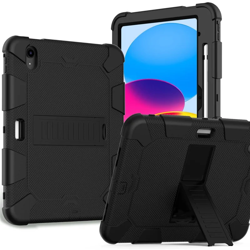 Capa Protetora à Prova de Choques com Suporte e Dupla Cor em Silicone + PC para iPad (2025) / 10,9 (2022) - Preto
