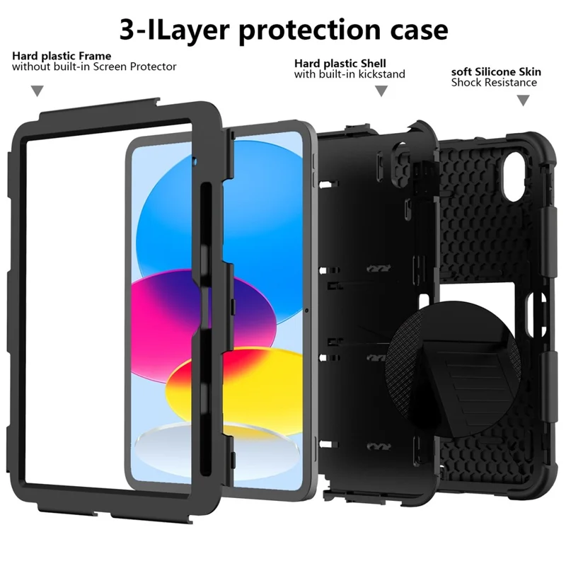 Capa Protetora à Prova de Choques com Suporte e Dupla Cor em Silicone + PC para iPad (2025) / 10,9 (2022) - Preto