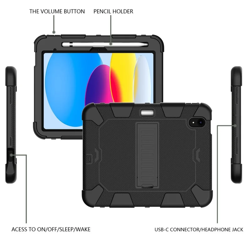 Capa Protetora à Prova de Choques com Suporte e Dupla Cor em Silicone + PC para iPad (2025) / 10,9 (2022) - Preto