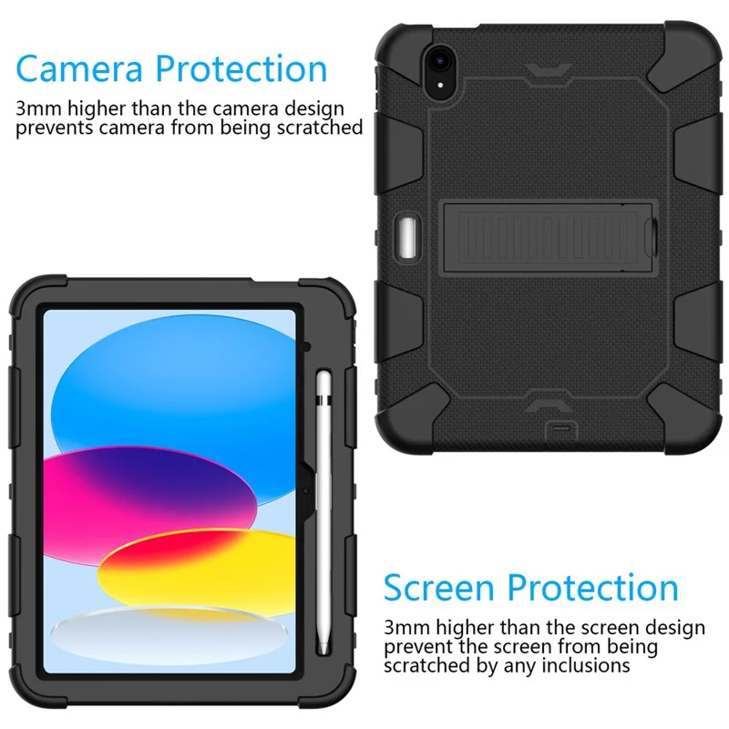 Capa Protetora à Prova de Choques com Suporte e Dupla Cor em Silicone + PC para iPad (2025) / 10,9 (2022) - Preto