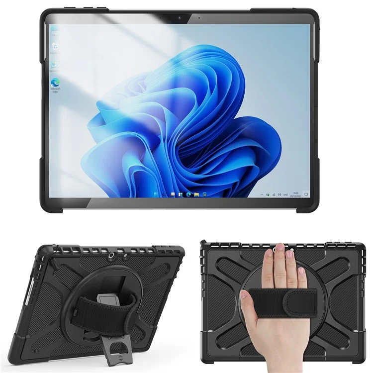 For Microsoft Surface Pro 11 / 10 / 9 Hybrid PC+TPU+Silicone Rugged Protective Case Kickstand Shockproof Tablet Cover with Hand Strap - Black
