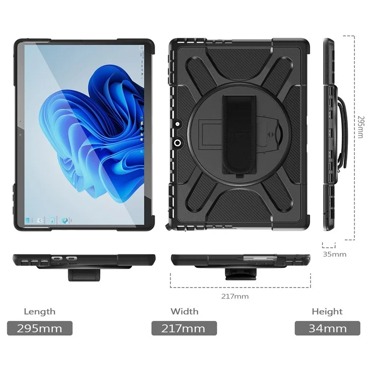 For Microsoft Surface Pro 11 / 10 / 9 Hybrid PC+TPU+Silicone Rugged Protective Case Kickstand Shockproof Tablet Cover with Hand Strap - Black