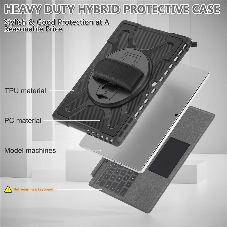 For Microsoft Surface Pro 9 / 10 Hybrid PC+TPU+Silicone Rugged Protective Case Kickstand Shockproof Tablet Cover with Hand Strap - Black