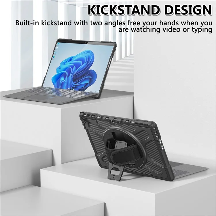 For Microsoft Surface Pro 11 / 10 / 9 Hybrid PC+TPU+Silicone Rugged Protective Case Kickstand Shockproof Tablet Cover with Hand Strap - Black