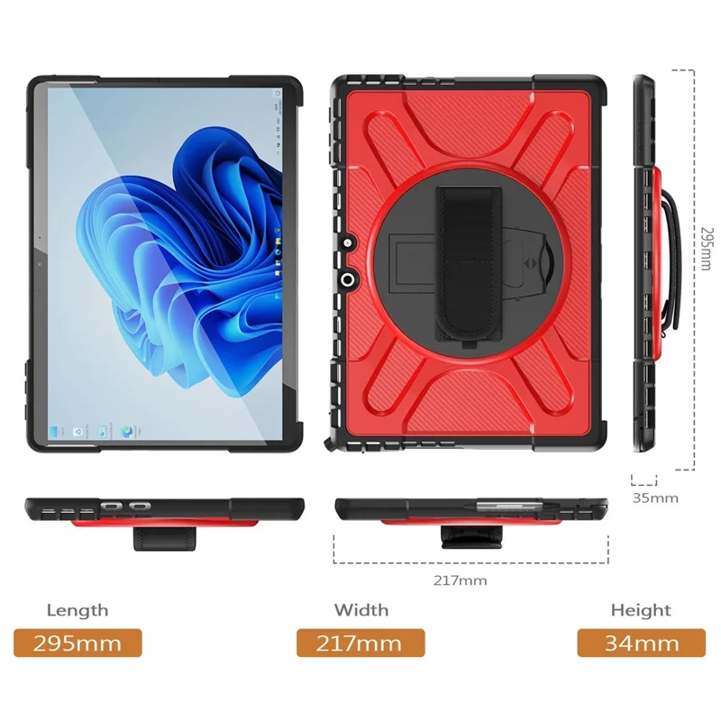 For Microsoft Surface Pro 11 / 10 / 9 Hybrid PC+TPU+Silicone Rugged Protective Case Kickstand Shockproof Tablet Cover with Hand Strap - Red