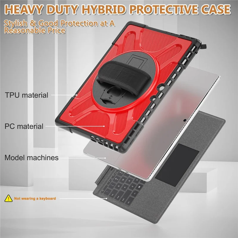 For Microsoft Surface Pro 11 / 10 / 9 Hybrid PC+TPU+Silicone Rugged Protective Case Kickstand Shockproof Tablet Cover with Hand Strap - Red