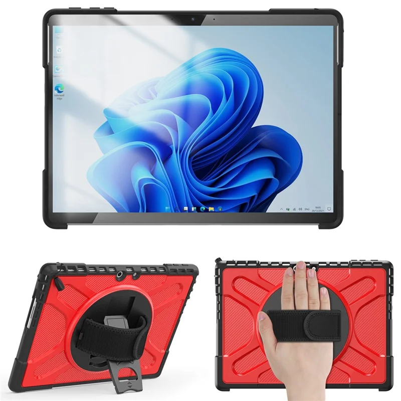 For Microsoft Surface Pro 11 / 10 / 9 Hybrid PC+TPU+Silicone Rugged Protective Case Kickstand Shockproof Tablet Cover with Hand Strap - Red