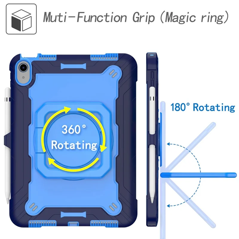 For iPad (2025) / iPad 10.9 (2022) Silicone PC Tablet Case Rotating Handle Kickstand Cover with Shoulder Strap - Navy Blue / Blue