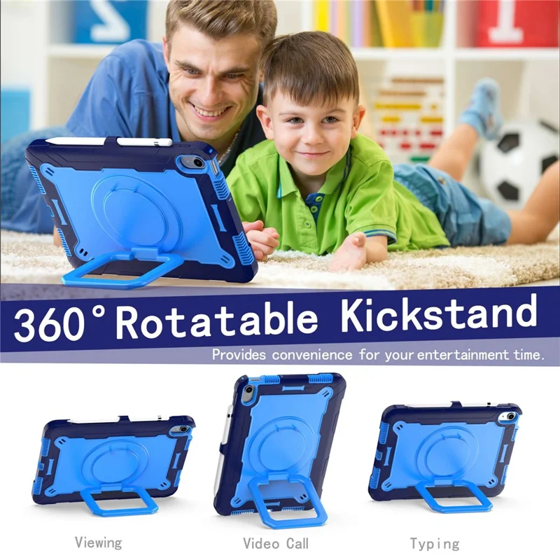 For iPad (2025) / iPad 10.9 (2022) Silicone PC Tablet Case Rotating Handle Kickstand Cover with Shoulder Strap - Navy Blue / Blue