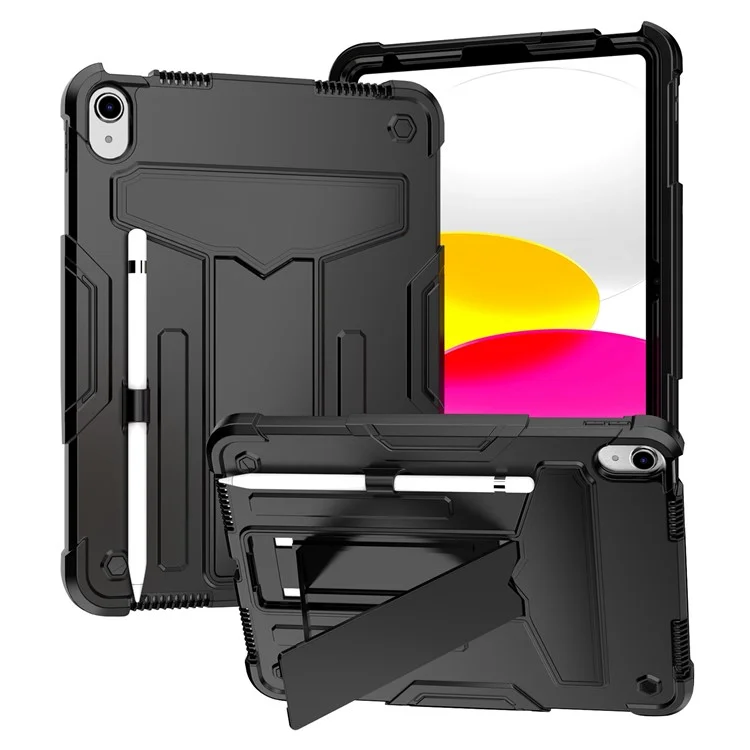For iPad (2025) / iPad 10.9 (2022) Protective Case Hard PC Silicone Tablet Case Foldable T-Shaped Kickstand Shockproof Cover - Black