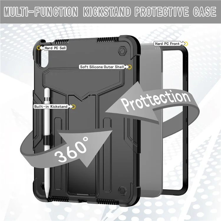 For iPad (2025) / iPad 10.9 (2022) Protective Case Hard PC Silicone Tablet Case Foldable T-Shaped Kickstand Shockproof Cover - Black