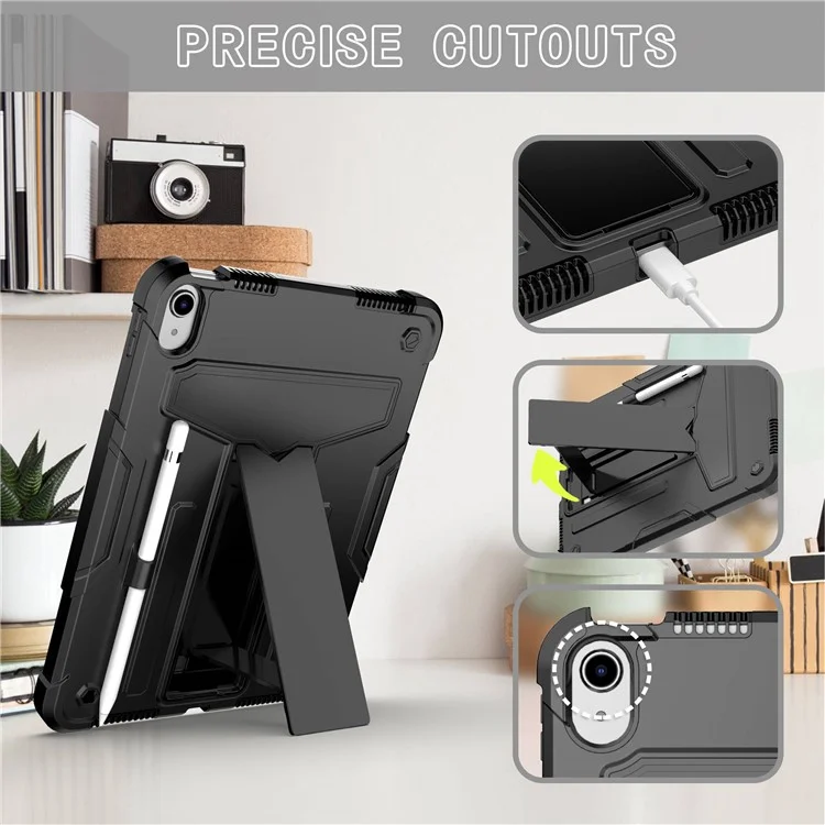 For iPad (2025) / iPad 10.9 (2022) Protective Case Hard PC Silicone Tablet Case Foldable T-Shaped Kickstand Shockproof Cover - Black