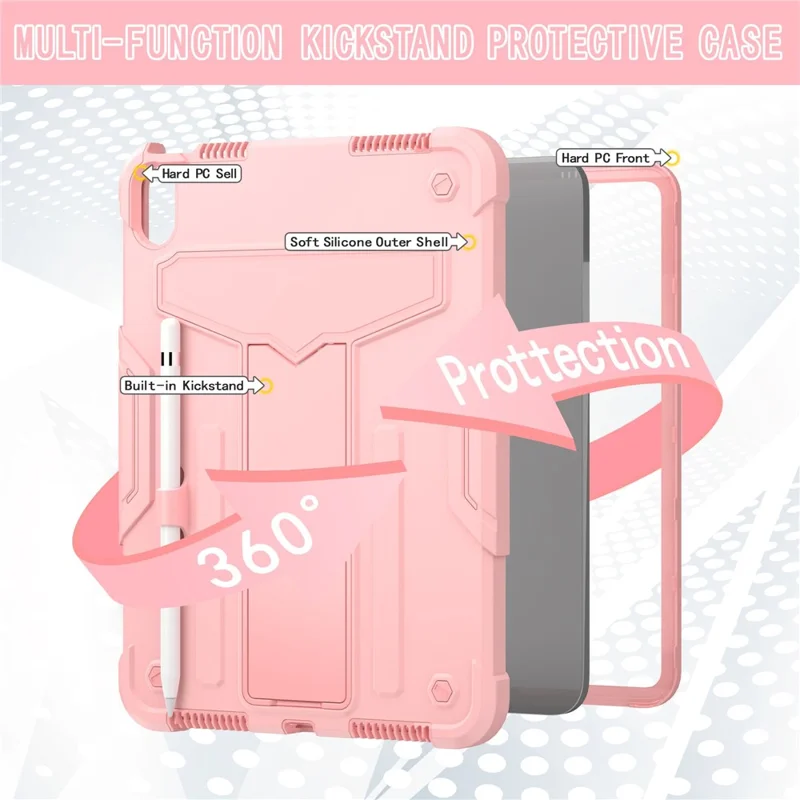 For iPad (2025) / iPad 10.9 (2022) Protective Case Hard PC Silicone Tablet Case Foldable T-Shaped Kickstand Shockproof Cover - Rose Gold