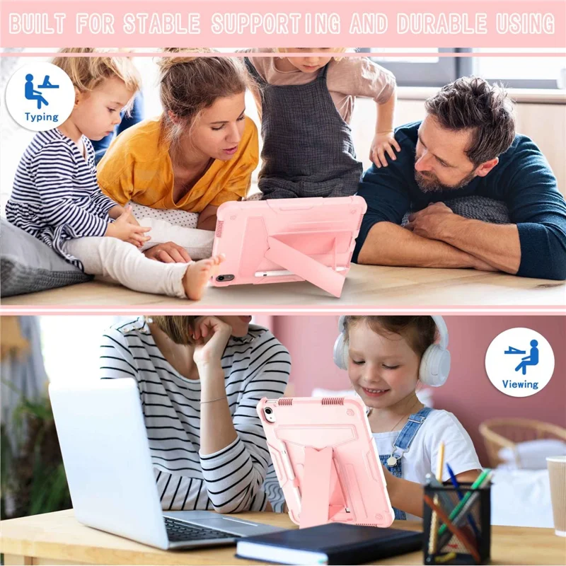 For iPad (2025) / iPad 10.9 (2022) Protective Case Hard PC Silicone Tablet Case Foldable T-Shaped Kickstand Shockproof Cover - Rose Gold