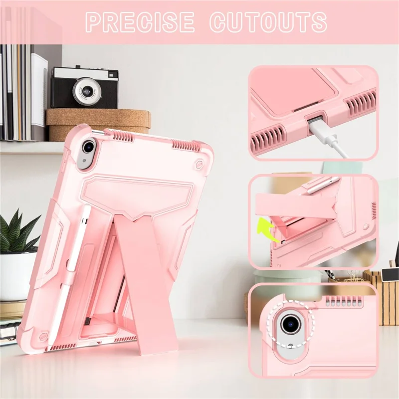 For iPad (2025) / iPad 10.9 (2022) Protective Case Hard PC Silicone Tablet Case Foldable T-Shaped Kickstand Shockproof Cover - Rose Gold