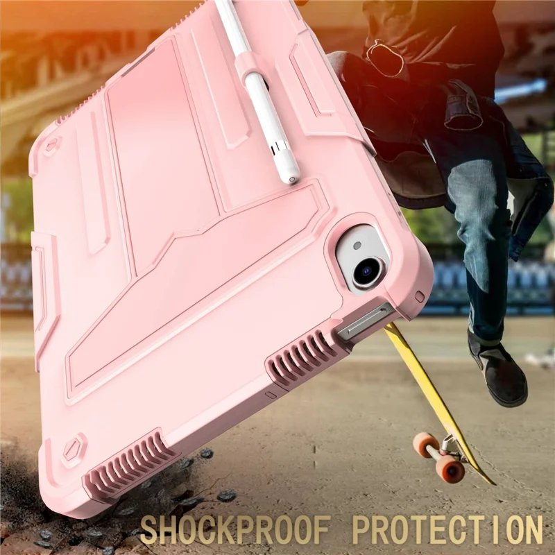 For iPad (2025) / iPad 10.9 (2022) Protective Case Hard PC Silicone Tablet Case Foldable T-Shaped Kickstand Shockproof Cover - Rose Gold