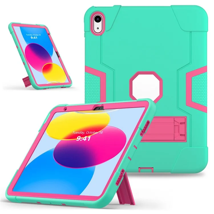 For iPad (2025) / 10.9 (2022) Robot Style Silicone + PC Tablet Case Color Contrast Anti-Fall Kickstand Protective Case - Mint Green / Rose