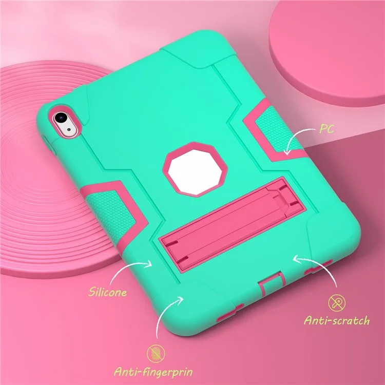 For iPad (2025) / 10.9 (2022) Robot Style Silicone + PC Tablet Case Color Contrast Anti-Fall Kickstand Protective Case - Mint Green / Rose