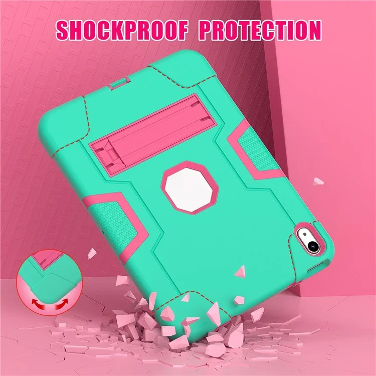 For iPad (2025) / 10.9 (2022) Robot Style Silicone + PC Tablet Case Color Contrast Anti-Fall Kickstand Protective Case - Mint Green / Rose