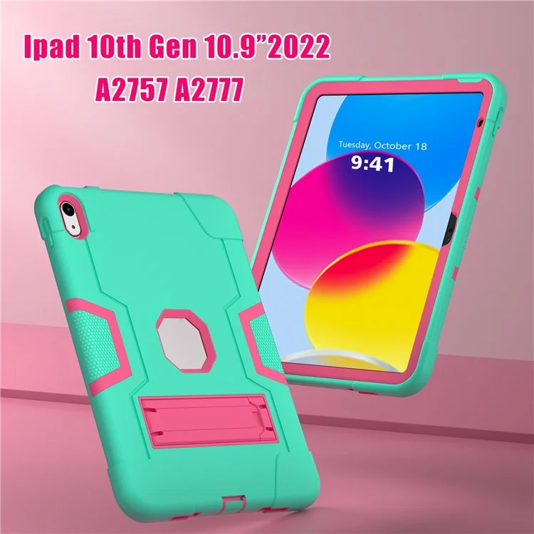 For iPad (2025) / 10.9 (2022) Robot Style Silicone + PC Tablet Case Color Contrast Anti-Fall Kickstand Protective Case - Mint Green / Rose