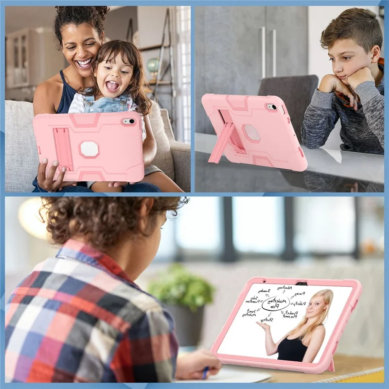 For iPad (2025) / 10.9 (2022) Robot Style Silicone + PC Tablet Case Color Contrast Anti-Fall Kickstand Protective Case - Rose Gold