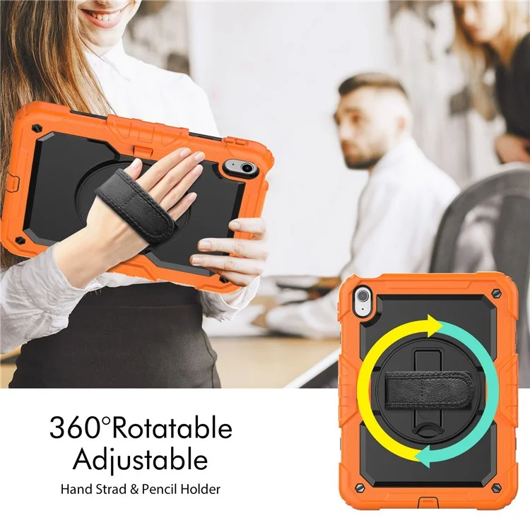 For iPad 10.9 (2022) Silicone+PC Tablet Case Hand Strap Kickstand Drop-proof Cover with Shoulder Strap - Orange